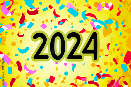 2024. New Year, 2024. Numbers on a background of confetti. Horizontal design. Happy New Year 2024.