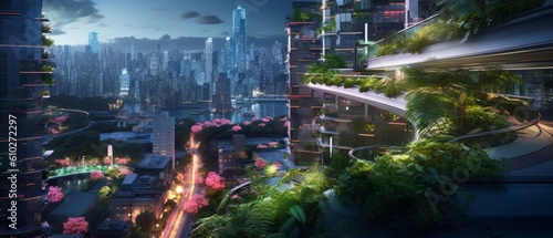 Futuristic cityscape with technology and nature. Beautiful illustration picture. Generative AI