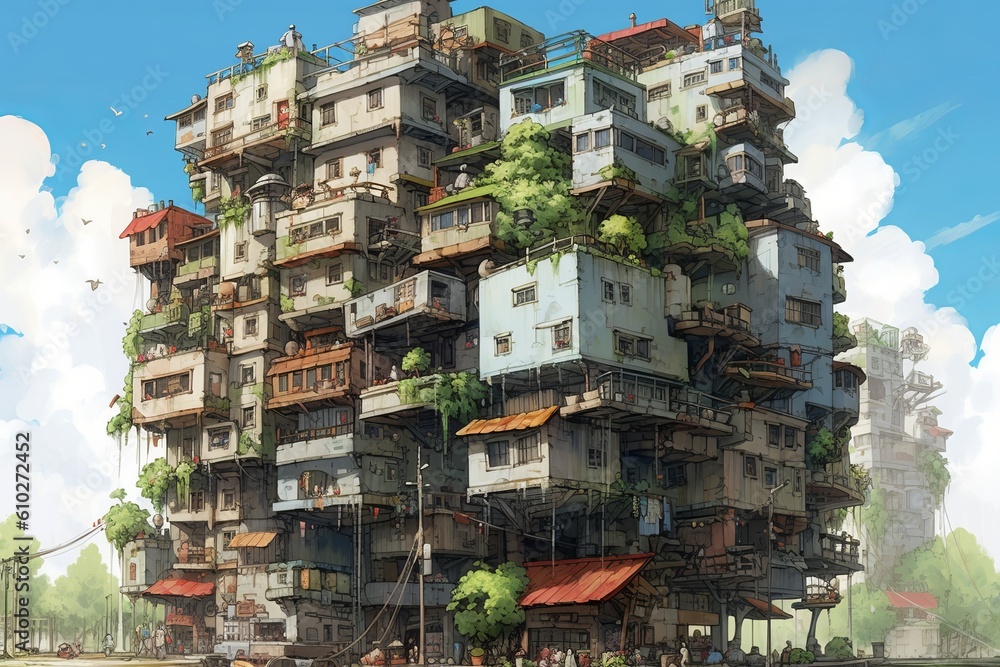 Huge old apartment building. Beautiful illustration picture. Generative AI Huge old apartment building. Beautiful illustration picture. Generative AI