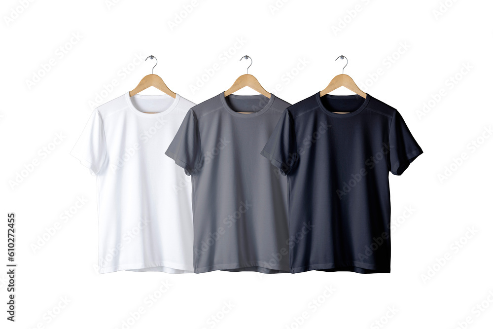 Black, white and grey oversize hanging t-shirt mockup isolated on white background. unisex modern casual t-shirt.3d rendering. Black, white and grey oversize hanging t-shirt mockup isolated on white background. unisex modern casual t-shirt.3d rendering.