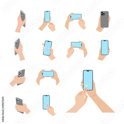 Hand holds the mobile phone in horizontal and vertical positions with blank screen in different positions. Female arm is touching smartphone display with finger. Presenting smartphone. Vector.