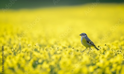 Bird in the middle of the field with flowers. Beautiful illustration picture. Generative AI