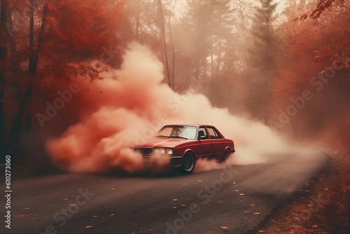 car drifting with red smoke coming out of the tyres in a natural environment. Generative Ai
