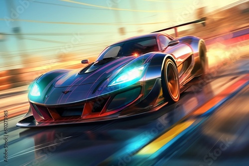 Modern Sports car racing on the track, blur effect, futuristic car. Generative Ai