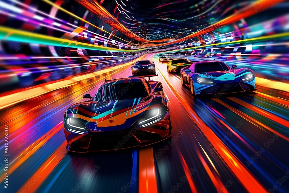 futuristic visualization of the a track with sports cars racing each other. Generative Ai