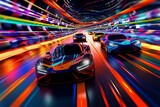 futuristic visualization of the a track with sports cars racing each other. Generative Ai