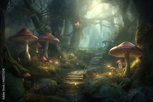 Path in the fantasy forest with plants, trees, giant mushrooms and magical lights