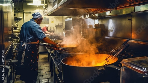 chef cooking in large commercial kitchen in restaurant with big cauldron. generative ai
