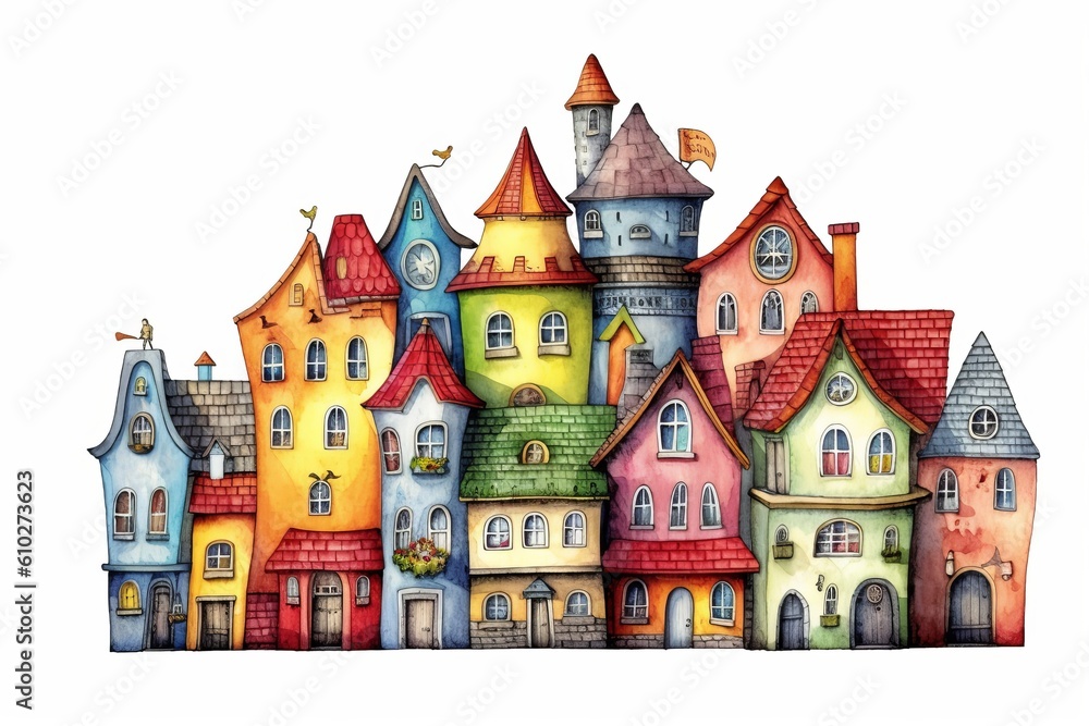 Cartoon style rainbow pride watercolor of buildings. Beautiful illustration picture. Generative AI