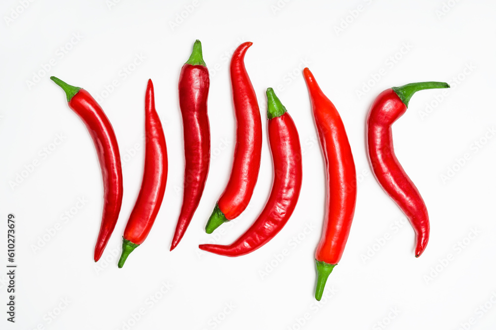 Chili peppers on white background. Collection hot red pepper.