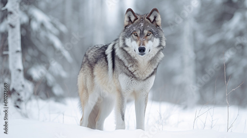 gray wolf in snowy forest in winter. generative ai