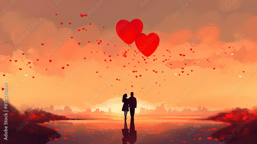 Romantic illustration with couple in love and floating hearts