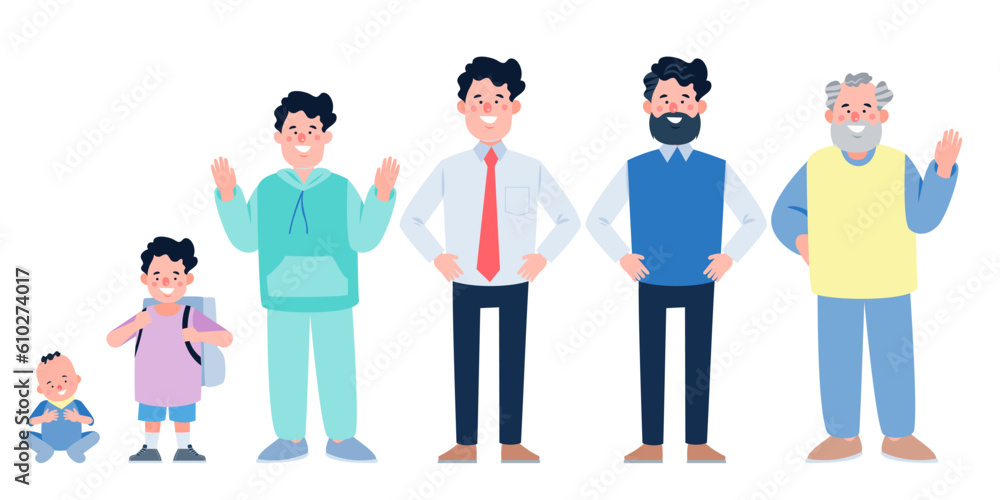 Character with human life cycles vector illustration. Character of a man in different ages Character with human life cycles vector illustration. Character of a man in different ages