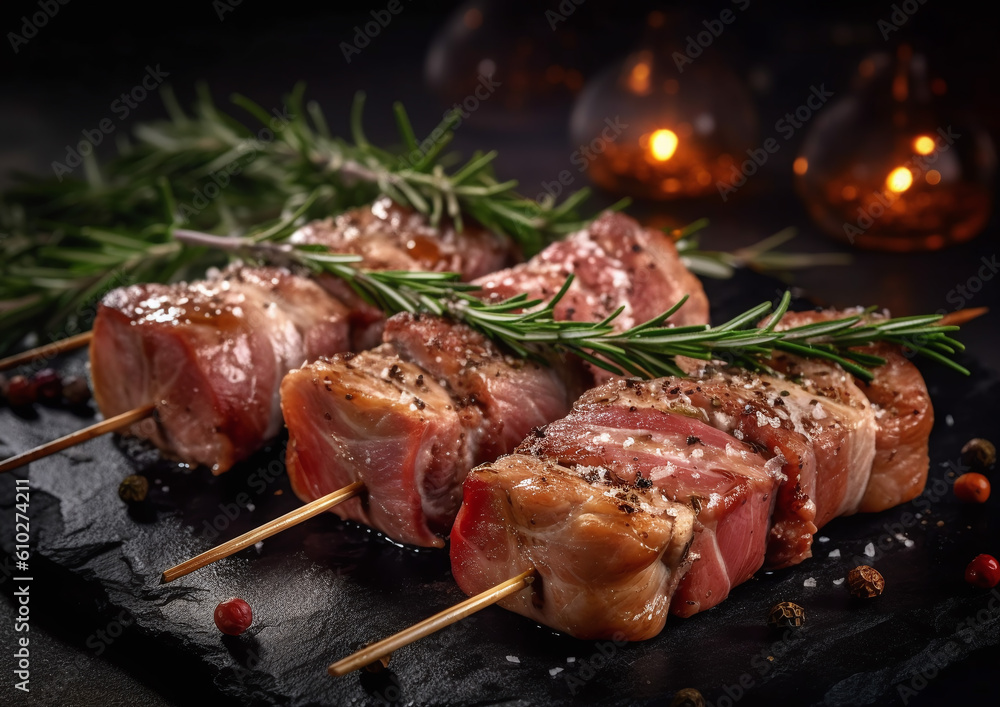 Pieces of fresh meat on bamboo skewers on a black table with tomatoes rosemary black pepper and spices. Generative ai