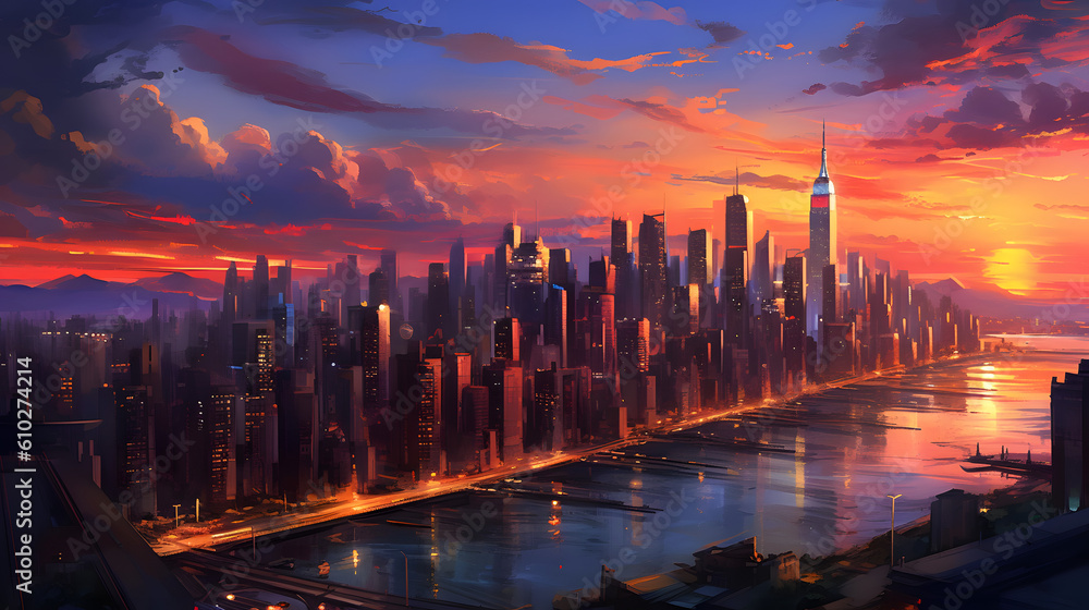 the dynamic beauty of a city skyline at dusk, with towering skyscrapers, illuminated windows, and a bustling urban atmosphere, showcasing the vibrancy and energy of city life