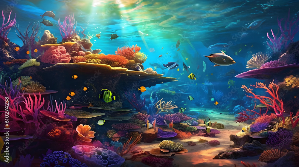 the captivating beauty of the underwater world, with vibrant coral reefs, exotic fish swimming through crystal-clear turquoise waters, and rays of sunlight creating a mesmerizing play of colors and sh