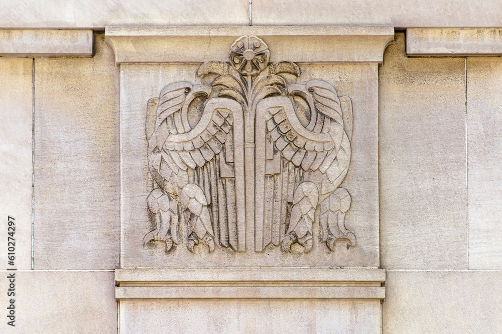 An architectural feature of the College Park building, a heritage landmark in Toronto, Canada