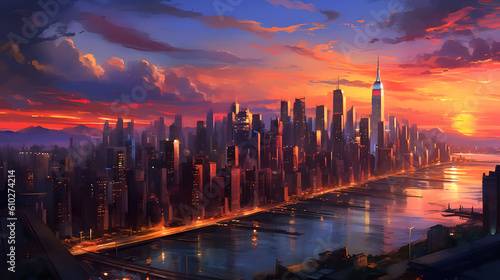 the dynamic beauty of a city skyline at dusk, with towering skyscrapers, illuminated windows, and a bustling urban atmosphere, showcasing the vibrancy and energy of city life