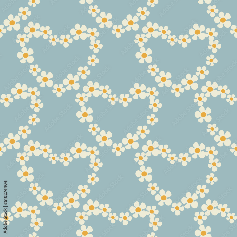 Seamless pattern with heart shape with flowers of daisy flowers in Groovy style on a blue background