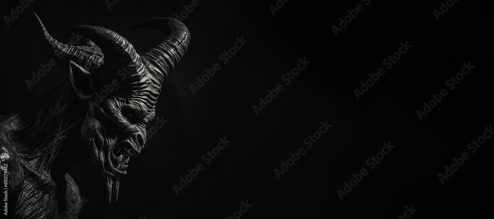 Black and white photorealistic studio portrait of the demonic being lucifer the devil on black background. Generative AI illustration - obrazy, fototapety, plakaty 