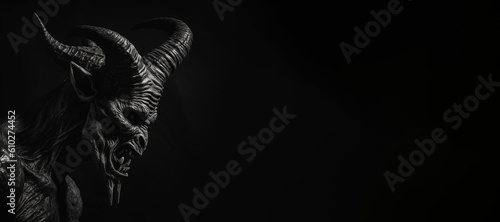 Black and white photorealistic studio portrait of the demonic being lucifer the devil on black background. Generative AI illustration photo