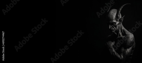 Black and white photorealistic studio portrait of the demonic being lucifer the devil on black background. Generative AI illustration © JoelMasson