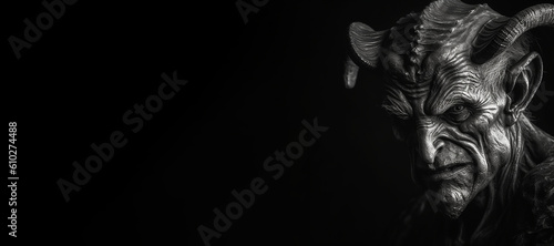 Black and white photorealistic studio portrait of the demonic being lucifer the devil on black background. Generative AI illustration