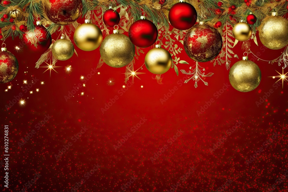 Christmas frame with red and gold balls on red background. Xmas greeting card with copy space. Happy New Year. Generative AI. Christmas frame with red and gold balls on red background. Xmas greeting card with copy space. Happy New Year. Generative AI.
