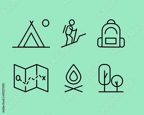 Vector set of pictograms for hiking in contour style, including tourist, maps, trees, campfire, tent, backpack, camping, location. A set of tourist badges.For web pages or applications.