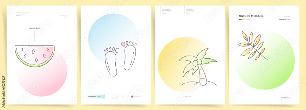 Summer Poster or Cover Design: Modern Minimal Style for Beach Vibes, Tropical Aesthetics, and Relaxing Holidays. Dynamic Gradient Background with Abstract Shapes. Tropical Food and Palm Tree Signs.