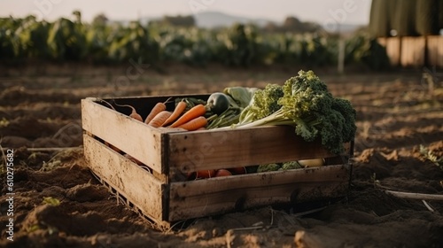 Voller Gemüsekorb direkt vom Acker beim Bauern. Bild für BIO Bauernhof mit Hofladen oder Selbst-Ernte. Generativ KI photo