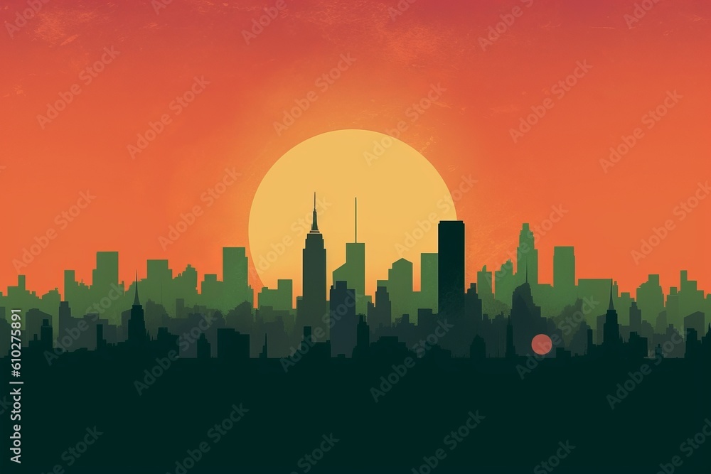 Beautiful sunset. Minimalistic flat design landscape poster. Illustration picture. Generative AI