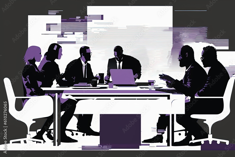 Business Meeting Negotiation between Men and Women in an Office Environment Depicting Decision Making Brainstorming Planning and Workplace Conflicts Stylised Duotone Pictogram Illustration Business Meeting Negotiation between Men and Women in an Office Environment Depicting Decision Making Brainstorming Planning and Workplace Conflicts Stylised Duotone Pictogram Illustration