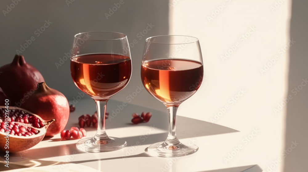 Ripe pomegranate fruit with a glasses of wine, generative AI. Ripe pomegranate fruit with a glasses of wine, generative AI.