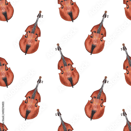 Double bass, watercolor hand drawing, seamless pattern