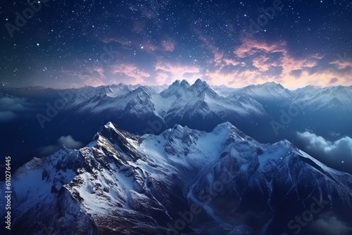 Fantastic starry sky. Autumn landscape with snow and mountains. Beautiful illustration picture. Generative AI © standret