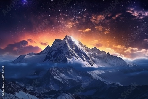 Fantastic starry sky. Autumn landscape with snow and mountains. Beautiful illustration picture. Generative AI © standret