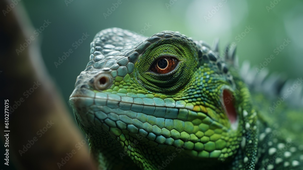 Close up view of green lizard. Beautiful illustration picture. Generative AI