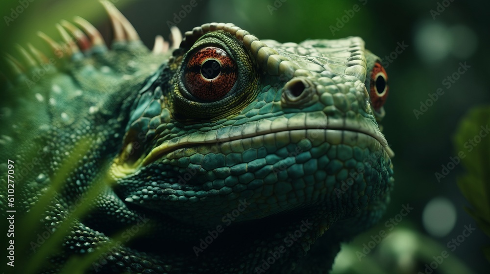 Close up view of green lizard. Beautiful illustration picture. Generative AI Close up view of green lizard. Beautiful illustration picture. Generative AI