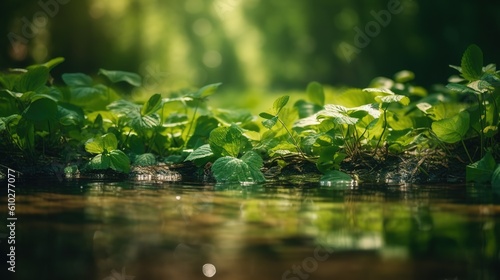Kleiner Bachfluss im Sommer mit gr  nen Pflanzen im flachen Wasser. Generativ KI