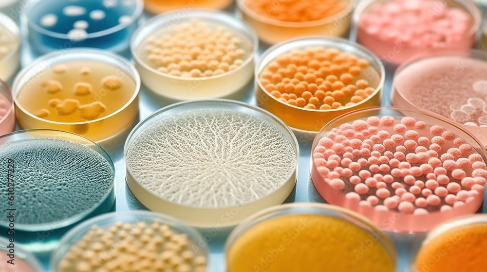 Mixed of bacteria colonies in various petri dish. Growing cultures of microorganisms, fungi or microbes. Generative AI. Illustration for cover, card, postcard, banner, poster, brochure or presentation Mixed of bacteria colonies in various petri dish. Growing cultures of microorganisms, fungi or microbes. Generative AI. Illustration for cover, card, postcard, banner, poster, brochure or presentation