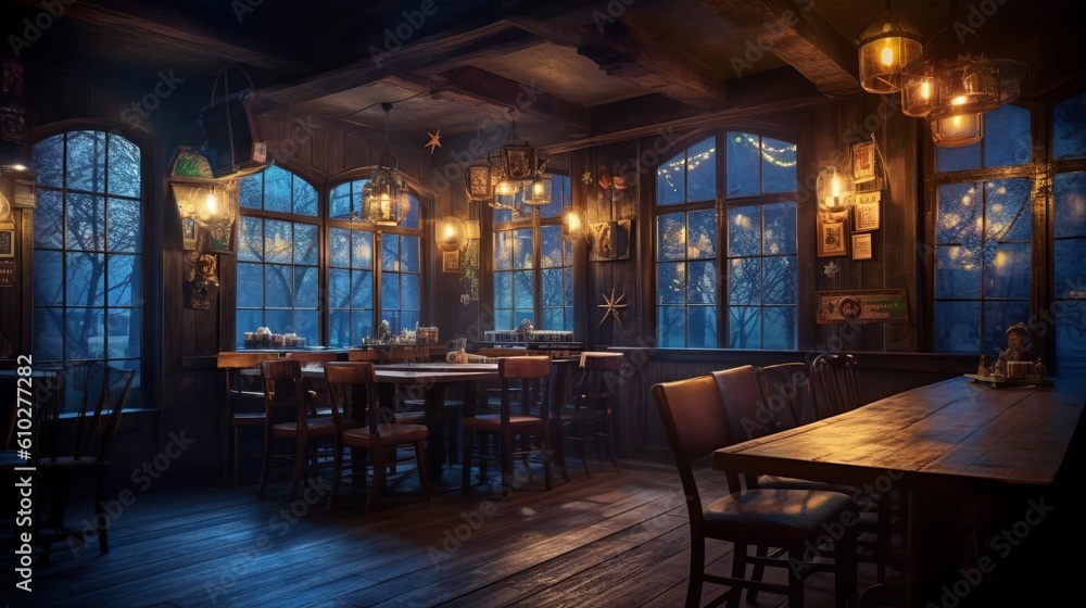 Interior design of a tavern. Beautiful illustration picture. Generative AI