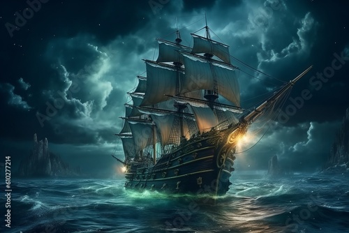 Huge pirate ship in the storming sea at night. Beautiful illustration picture. Generative AI