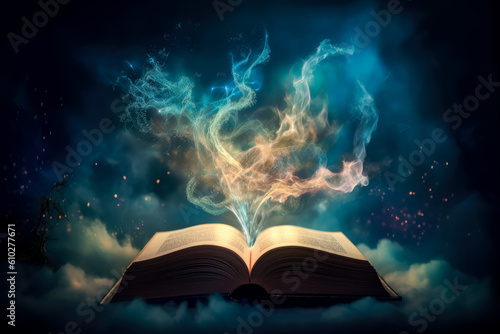 Open magic book book bursting with sparking magic, light in the night sky, starry sky and clouds, whimsical magic. Generative Ai.