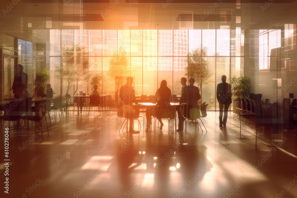 Silhouettes of people in the office, blur. AI generative.
