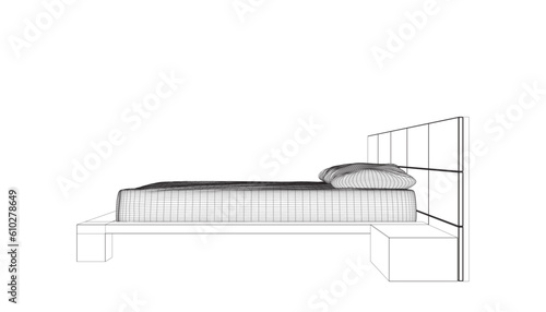 Wireframe drawing of double bed. Modern comfortable luxury furnitures for bedroom. Wireframe of a sleeping bed with pillows from black lines isolated on a white background. Vector illustration. 3D.