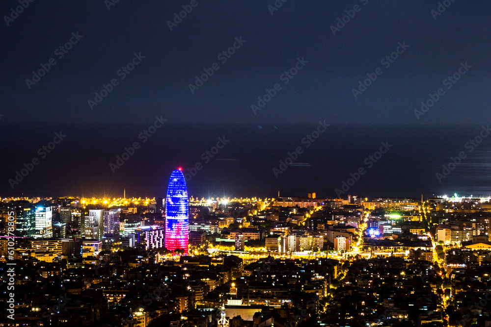 Night view of the city of Barcelona from a hill.