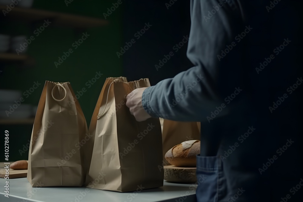 a man with brown paper bags, in the style of kitchen still life Generative AI