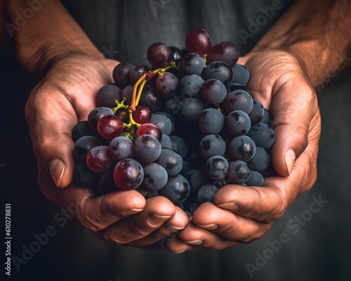 A macro shot of a winemaker's hands holding grapes. Generative AI