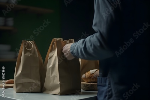 a man with brown paper bags, in the style of kitchen still life Generative AI © Elmi